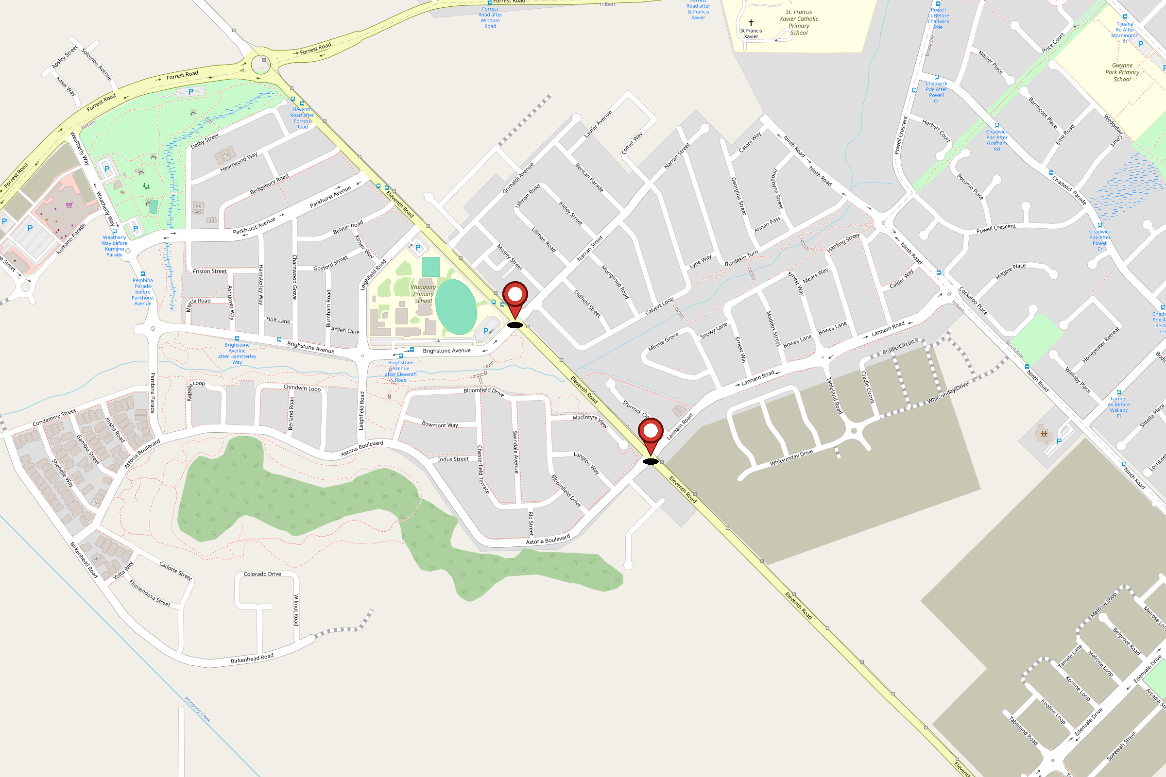 Map of Eleventh Road in Hilbert, WA, with pins marking its intersections with Narran Street and Lannam Road, both close to Wungong Primary School and St Francis Xavier Catholic Primary School